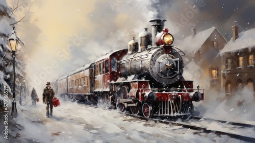 Depicting a bygone era, this image portrays a vintage steam train majestically traveling amidst a serene snowy landscape, encapsulating the nostalgic spirit of winter holidays.