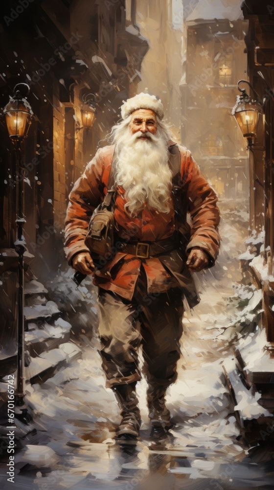 Santa Claus navigating snowy streets, holding lantern to light his path.