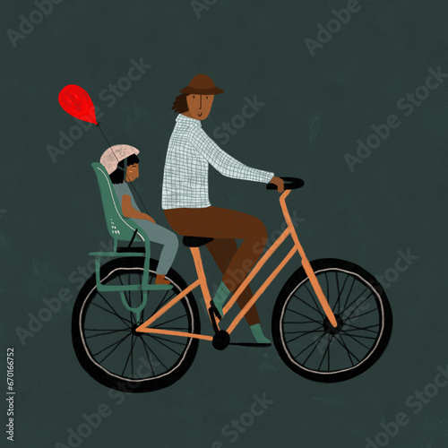 Man cycling with child and balloon photo