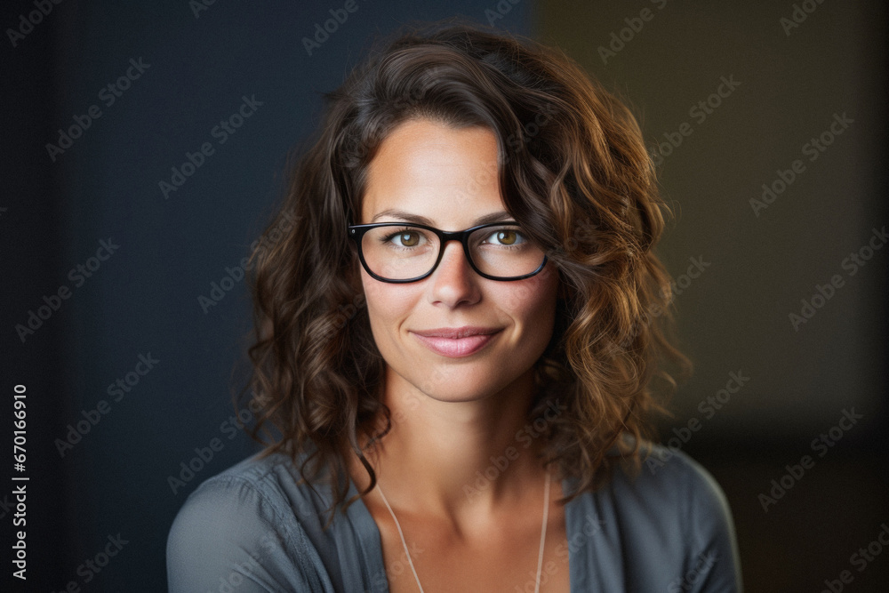 Obraz premium Portrait of a beautiful young woman in a gray shirt on a dark background.