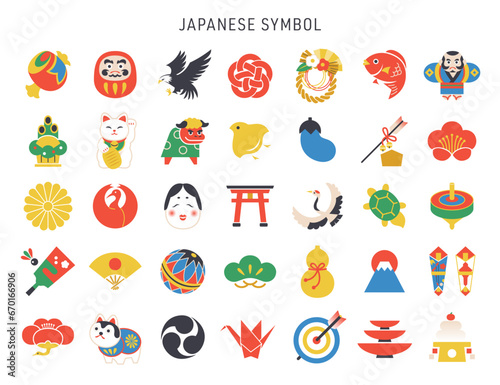 和のシンボル・正月のアイコンセット／フラット
