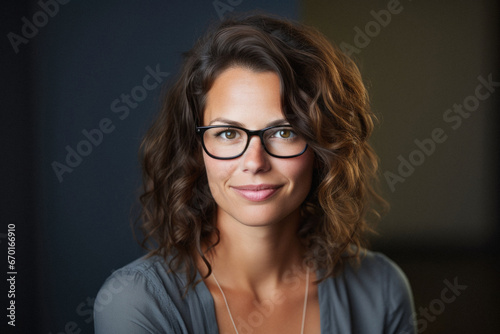 Portrait of a beautiful young woman in a gray shirt on a dark background.