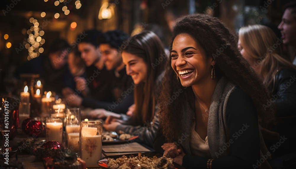 Group of friends having Christmas dinner enjoying in food and drink