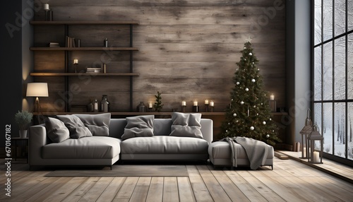 Empty wood surface in living room with a Christmas tree