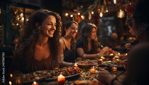 Friends having Christmas dinner enjoying food and drink © AliceandAlan