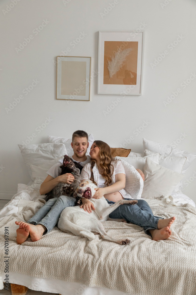 Couple in love, pregnant girl and guy with dogs on bed, bright photo Couple in love, pregnant girl and guy with dogs on bed, bright photo