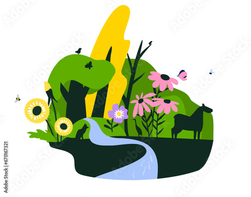 Rewilding concept vector illustration. Oversized wildflowers, trees, deer, fox and heron. Forest with river and fish. Protecting wildlife habitats. Promoting biodiversity. Renewing nature
