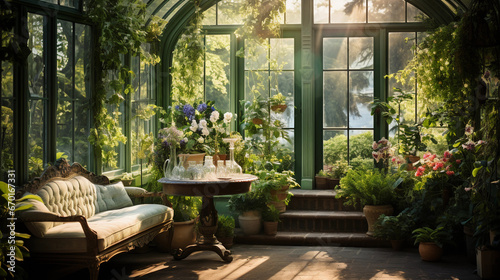 An airy greenhouse filled with lush green plants, botanical illustrations, and a wrought-iron bench