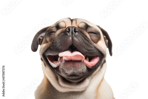 Happy pug dog with eyes closed. PNG banner with transparent background. © Dantaz