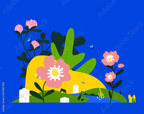 Rewilding vector illustration. Oversized wildflowers, animals and birds with small houses. Restoration of natural habitats and wildlife. Protecting nature and ecosystem. photo