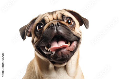 Happy pug dog looking up. PNG banner with transparent background. photo