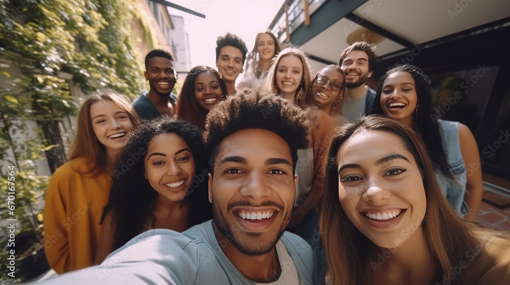 Naklejka premium Multi ethnic student guys and girls taking selfie outdoors. Happy lifestyle friendship concept with young multicultural people having fun day together