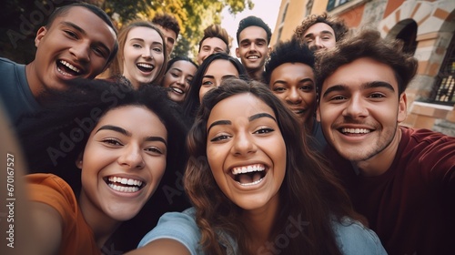 Multi ethnic student guys and girls taking selfie outdoors. Happy lifestyle friendship concept with young multicultural people having fun day together photo