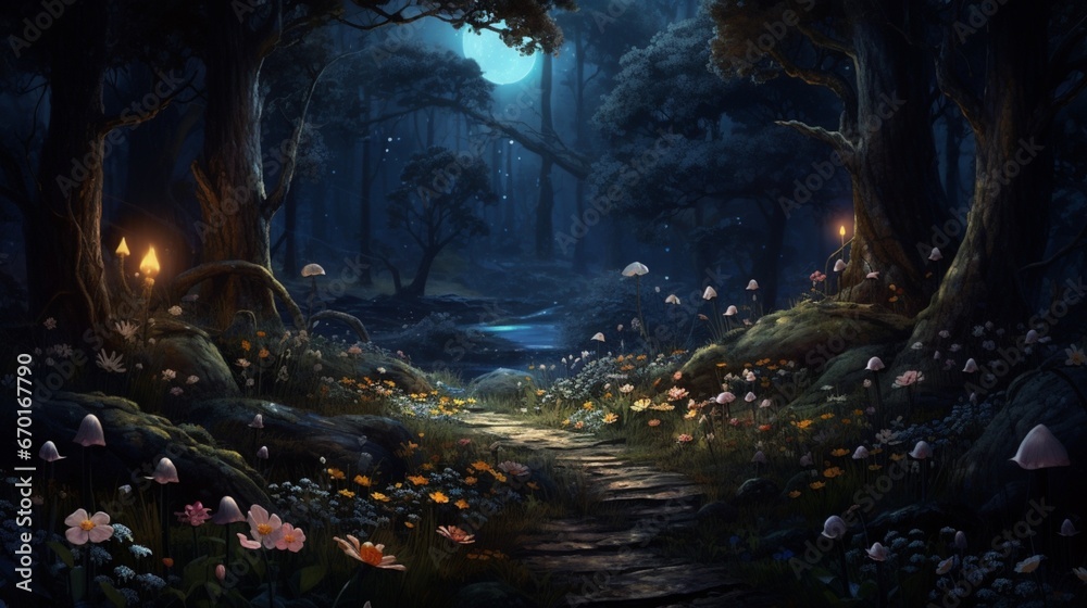 A mystical Midnight Marigold garden nestled in the heart of a moonlit forest. Craft an image with impeccable realism at