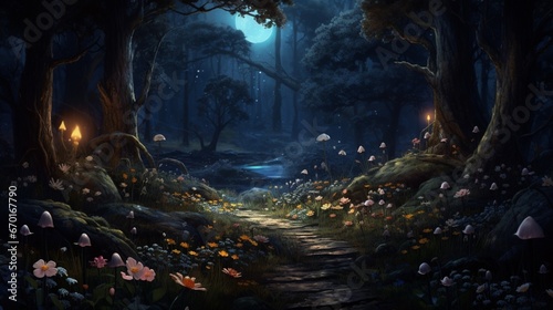 A mystical Midnight Marigold garden nestled in the heart of a moonlit forest. Craft an image with impeccable realism at