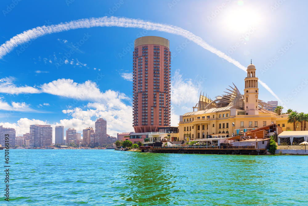 Gezira island in the Nile, prestigious area of Cairo, beautiful sunny panorama of Egypt