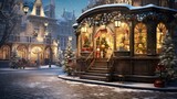 Step into a winter wonderland at this illuminated Christmas market kiosk filled with sparkling decorations and festive goods. Explore the magic of the holiday season without any logos in sight!
