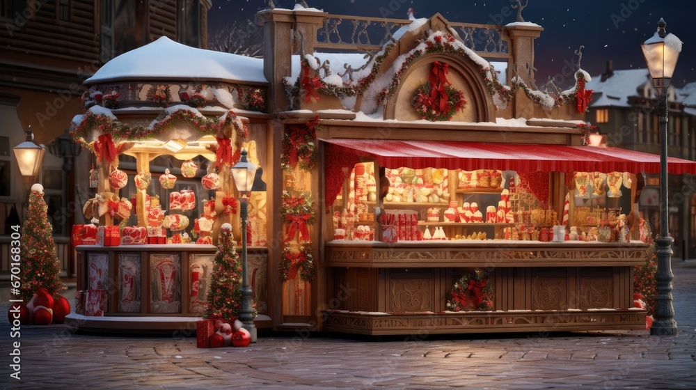 Step into a winter wonderland at this illuminated Christmas market kiosk filled with sparkling decorations and festive goods. Explore the magic of the holiday season without any logos in sight!
