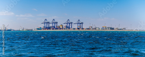 A panorama view across the waters of Walvis Bay, Namibia in the dry season