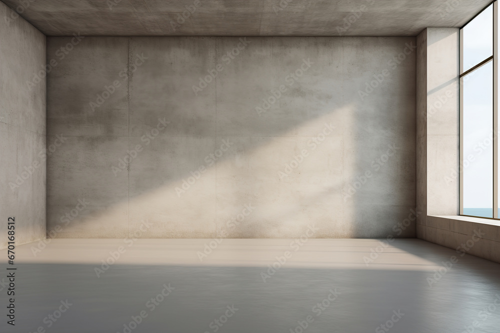 Empty unfurnished room with daylight, concrete wall and floor. Mock up interior. Loft, industrial style. Copy space for your furniture, picture, decoration and other objects.