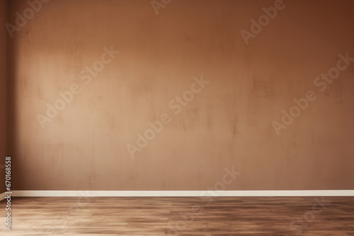 Empty unfurnished room, brown wall and parquet floor. Mock up interior. Copy space for your furniture, picture, decoration and other objects.