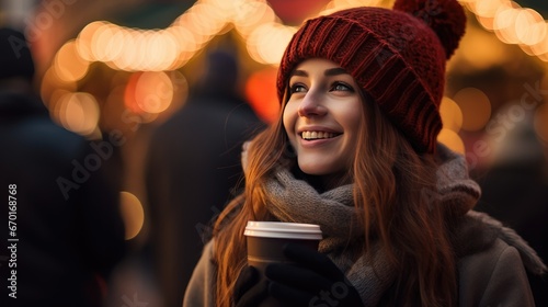 essence of the holiday season with an image of a happy teenage girl sipping mulled wine in a bustling Christmas market, surrounded by the warm glow of festive lights.