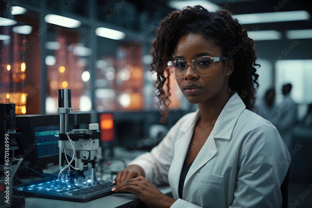 young African American woman in a white coat against the background of a high-precision innovative enterprise young African American woman in a white coat against the background of a high-precision innovative enterprise