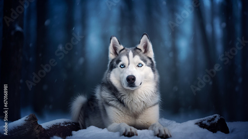 black and white siberian husky with blue eyes walks in the snow in winter against the background of the evening sky. happy Siberian Husky photo