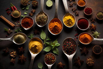 Papier peint photo Cuisine spices and herbs in spoons on a wooden table top view  © Yuliia
