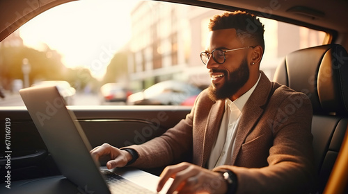 Stylish african american businessman wearing glasses, classy costume, smiling and talking in video call on laptop in car, travel for work © MYDAYcontent