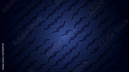 Illustration of a dark elegant blue background with 3D hexagon patterns and effects