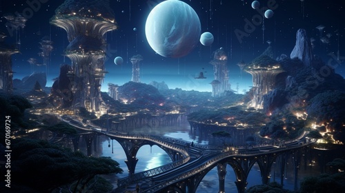A network of crystalline bridges connecting floating islands on a waterworld beneath a dazzling  starlit sky.