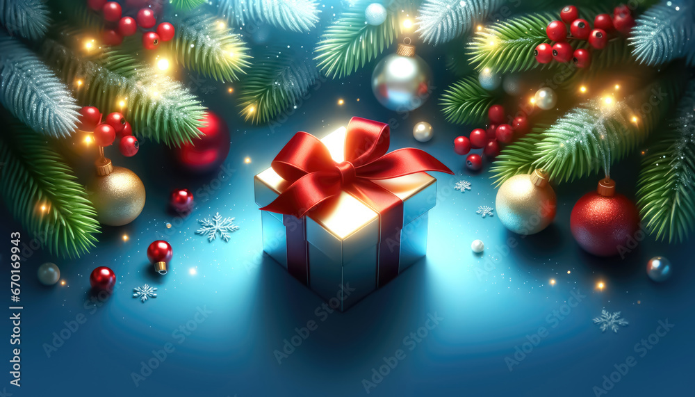 A festive blue scene background with a gleaming christmas gift box. Geneative ai. A festive blue scene background with a gleaming christmas gift box. Geneative ai.
