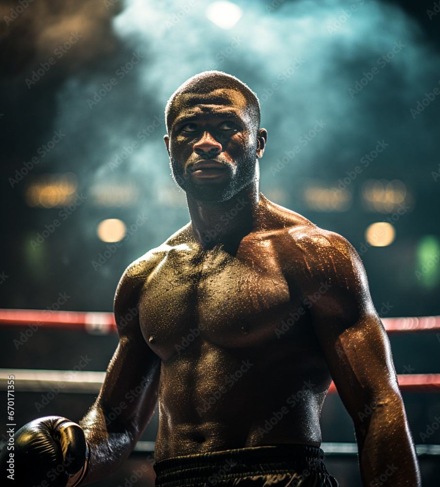 Man black  boxer in the ring, sweat glistening and fists clenched, ready for the next round