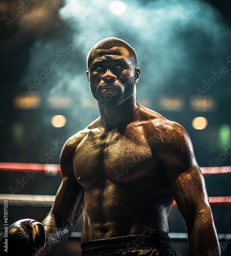 Man black boxer in the ring, sweat glistening and fists clenched, ready for the next round