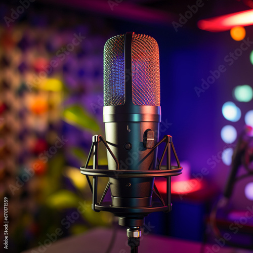 Detail of a microphone in a recording studio, a podcast room or a radio with neon lights