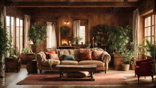Cozy wooden cabin interior with plush sofa, plants, rustic decor, and soft lighting, emanating warmth and comfort. © Rysak