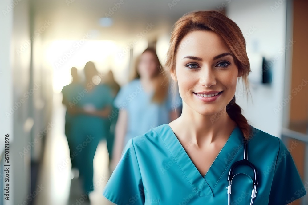 Female nurse in hospital corridor smiling Female nurse in hospital corridor smiling