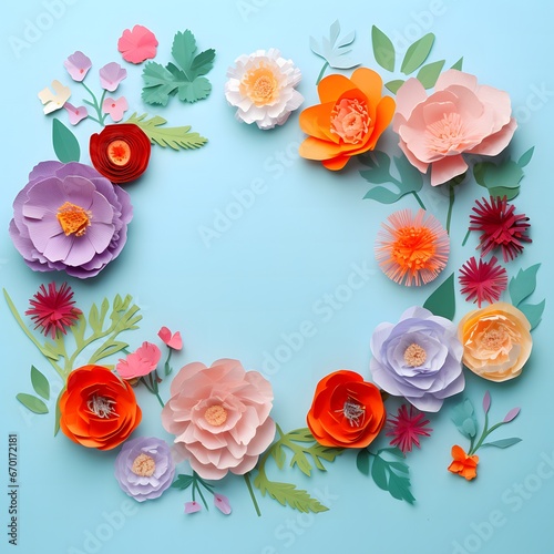 Colourful handmade paper flowers on light blue background with copyspace