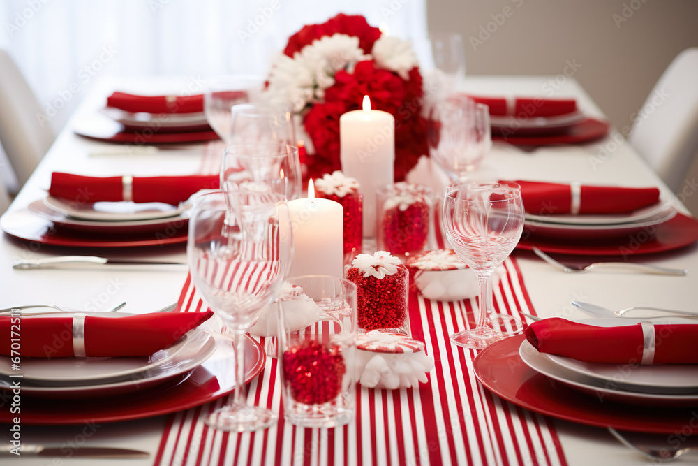 Festive Christmas Dinner Table Setting in white and red colors, tablecloth, wineglasses and plates Festive Christmas Dinner Table Setting in white and red colors, tablecloth, wineglasses and plates