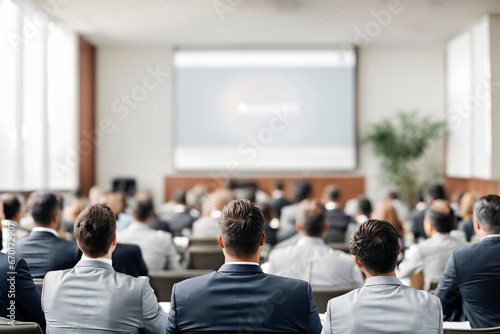 Audience in a conference room with a projector screen, viewed from behind, focusing on attendees in business attire.