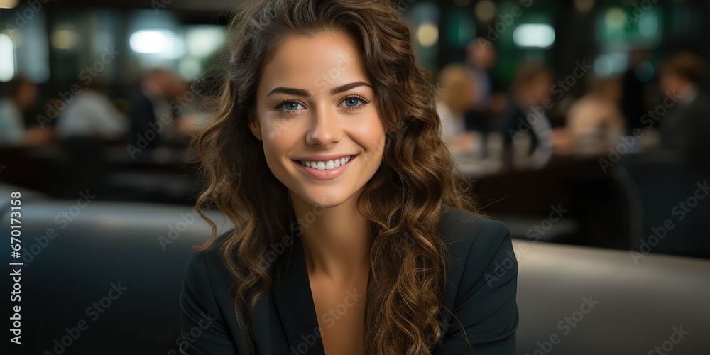 AI Generated. AI Generative. Business happy success woman pretty girl at office with interior background. Graphic Art AI Generated. AI Generative. Business happy success woman pretty girl at office with interior background. Graphic Art
