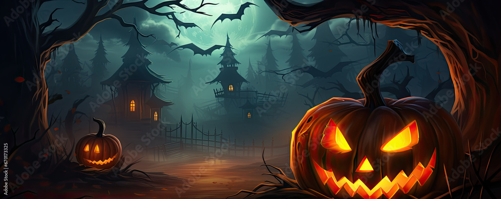 Halloweens and Pumpkin,  Graveyard cemetery, Spooky or scary dark Night.
