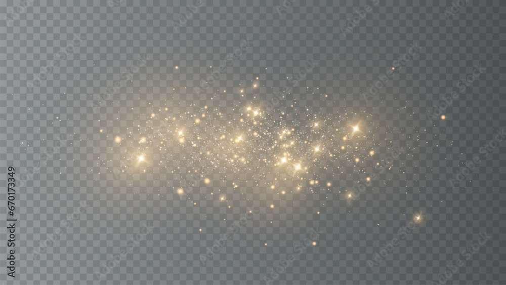 The dust sparks and golden stars shine with special light. Vector sparkles on a transparent background. Christmas light effect. Sparkling magical dust particles. PNG