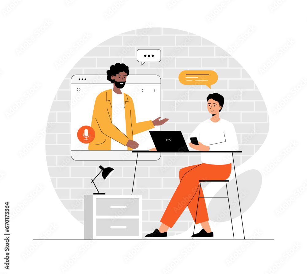Business webinar, Virtual training conference concept. People Meeting Online. Illustration with people scene in flat design for website and mobile development.