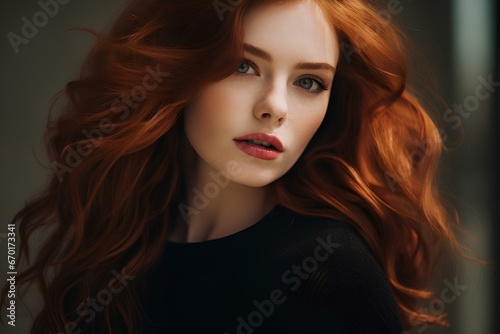 1990s elegant minimalistic fashion, female model with red hair wearing black dress. generative AI