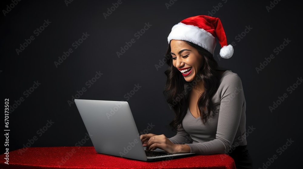 Capturing the holiday spirit, a cheerful young woman with a Christmas hat uses her laptop on a gray background, creating a joyful image of digital celebration Capturing the holiday spirit, a cheerful young woman with a Christmas hat uses her laptop on a gray background, creating a joyful image of digital celebration
