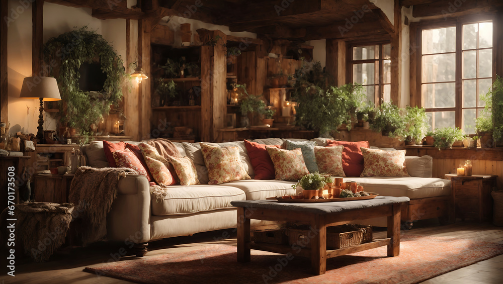Cozy rustic living room interior with plush sofa, warm lighting, wooden beams, and abundant plants near large windows.