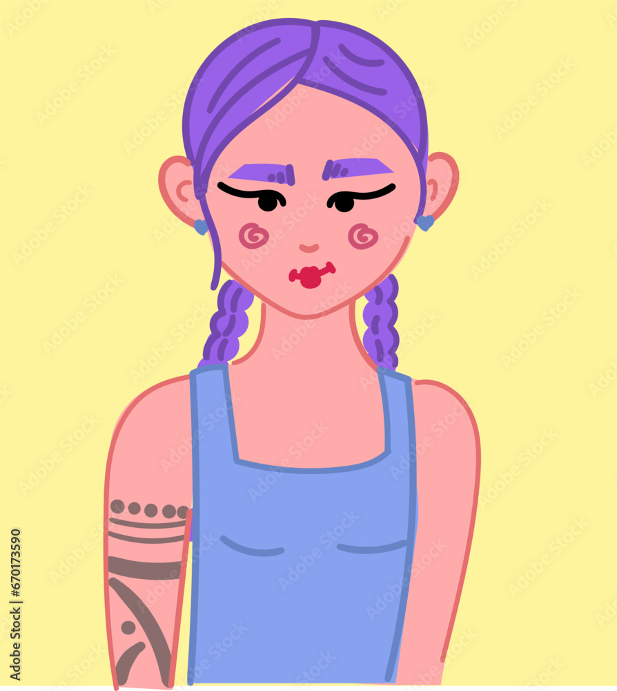 Young woman with tattoo on her shoulder, purple braid hair, Vector flat illustration hand drawn Young woman with tattoo on her shoulder, purple braid hair, Vector flat illustration hand drawn