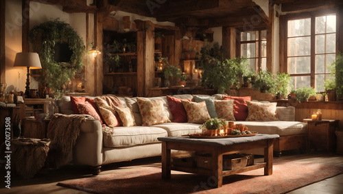 Cozy rustic living room interior with plush sofa, warm lighting, wooden beams, and abundant plants near large windows. © Rysak